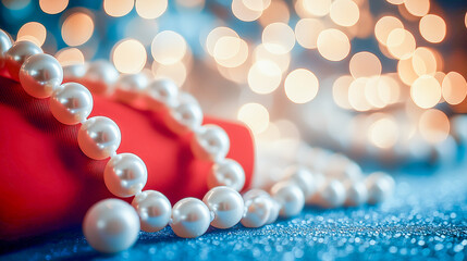 Beautiful pearl necklace draped elegantly over a vibrant red surface with soft bokeh lights in the background during a festive celebration