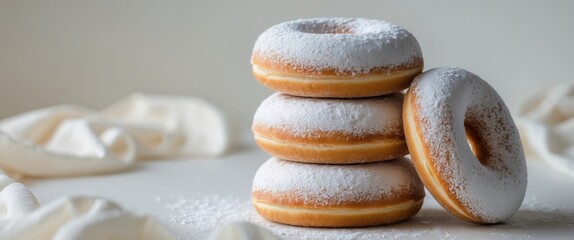 Three Delicious Powdered Donuts Stacked on a Light Background Perfect for Sweet Treat Promotions and Dessert Recipe Concepts