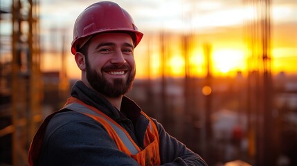 Construction worker smiles at sunset, embodying pride and hard work