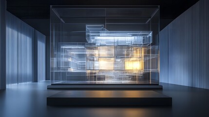 A transparent AI engine visualized as a crystalline machine with layers of logic unfolding like glowing blueprints, explaining its decisions to humans in a serene, high-tech environment, minimalist de