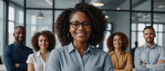 A confident black woman with arms crossed, smiling proudly in a modern office