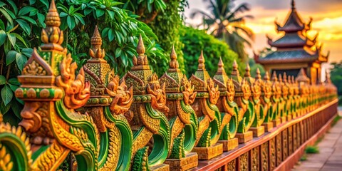 Fototapeta premium Naga Pattern Fence, Nong Khai, Thailand - Candid Photo of Traditional Thai Art
