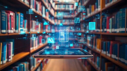 Naklejka premium Futuristic Digital Library with Floating Book Icons and Educational Tools