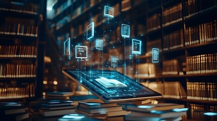 Digital Library with Floating Tablet Book Icons and Educational Technology Tools