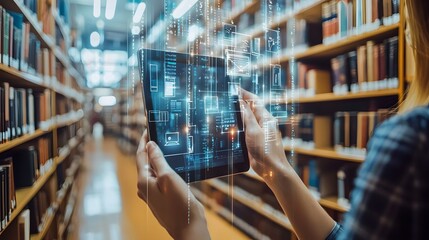 Modern Library with Floating Digital Educational Tools Projected on Tablet