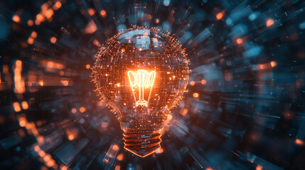 light emanates from a creative light bulb, symbolizing birth of new ideas and concept of brainstorming in an abstract technology background cinematic view.