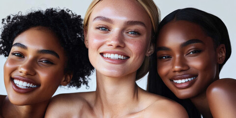 diverse model of different ethnicities, smiling and laughing in front of the camera. They have clear skin without any makeup on. The background is white