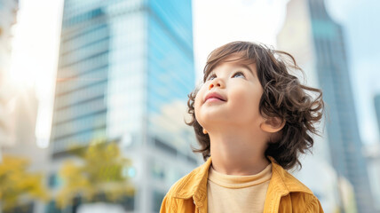 child gazes up at towering skyscrapers with awe, surrounded by bustling cityscape