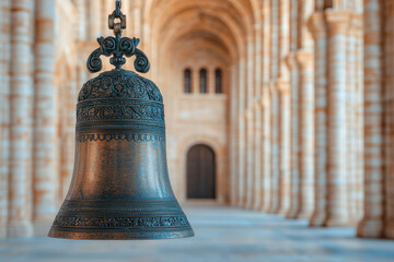 Fototapeta premium glowing bell with intricate carvings hangs under soft cathedral lighting