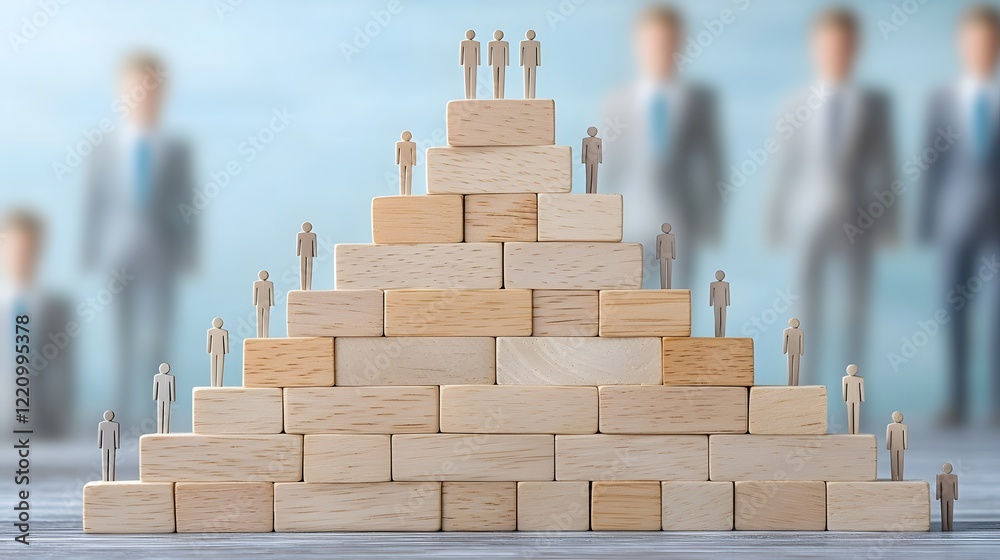 Poster conceptual image of a pyramid made of wooden blocks featuring diverse people icons representing the 