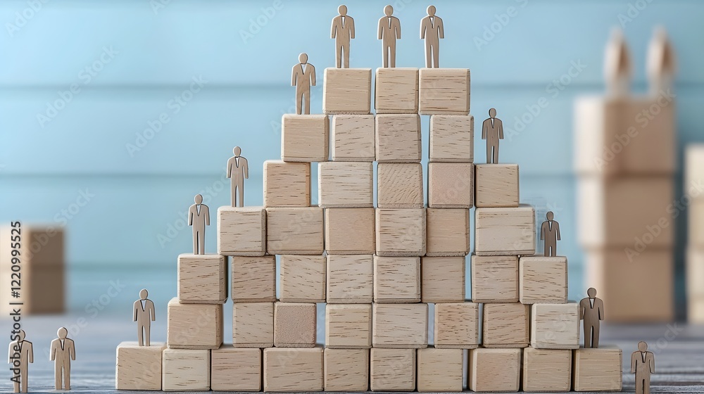 Poster minimalistic conceptual wooden blocks pyramid structure displaying diverse people icons representing