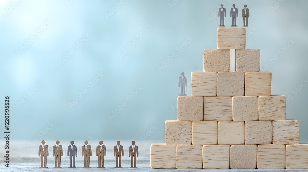 Aufkleber Minimalistic conceptual image of a pyramid structure built with wooden blocks displaying diverse people icons signifying the values of leadership in building a strong and inclusive community