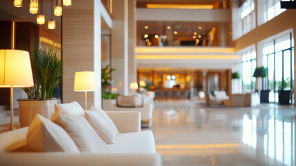 Obraz premium Elegant hotel lobby with modern furnishings and soft lighting, creating a welcoming atmosphere.