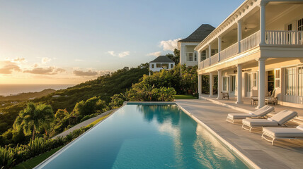 Fototapeta premium Luxury Hillside Villa with Infinity Pool and Stunning Ocean Sunset Views