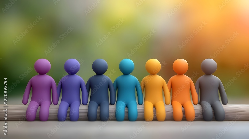 Aufkleber Conceptual 3D render depicting a diverse team of colorful abstract figures engaged in collaborative problem solving and strategic discussions in a dynamic corporate setting