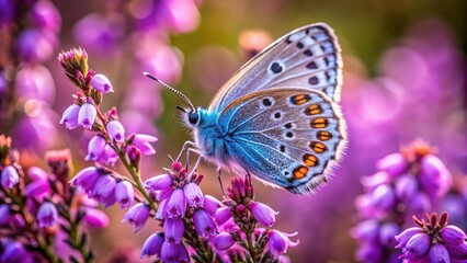 Obraz premium Silver-Studded Blue Butterfly on Heather Flowers: Close-up Macro Photography