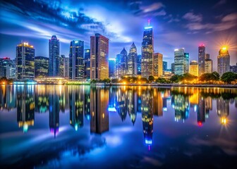Fototapeta premium Night Cityscape: Stable Building Lights Reflecting on Still Water