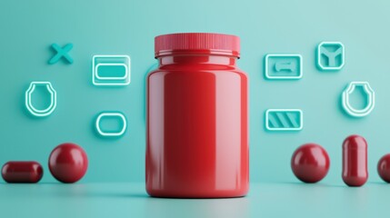 Fitness supplements for a performance boost. Red pill bottle on a teal background with colorful icons and capsules surrounding it.