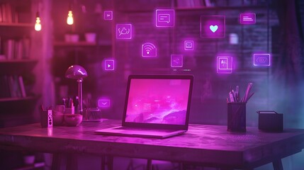 Luminous Digital Workspace with Holographic Technology and Social Media Symbols