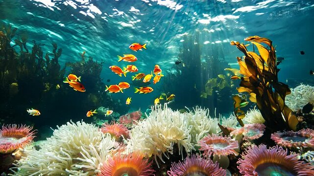 Vibrant coral reef teeming with life. Colorful fish swim among sea anemones and kelp. Sunbeams illuminate the underwater scene, creating a breathtaking spectacle of nature's beauty.
