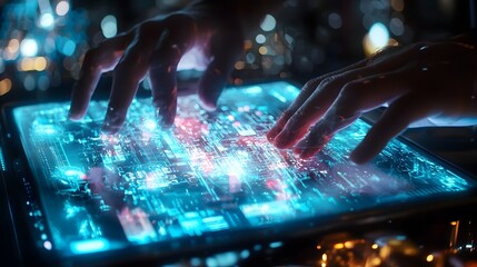 Futuristic Digital Commerce and Navigation on Laptop Touchpad with Illuminated Holograms