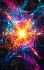 Fototapeta premium Cosmic Radiance: A captivating abstract image of an intense burst of energy, radiating light and color against a backdrop of a mesmerizing starry sky.