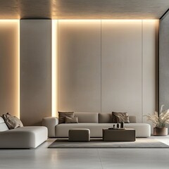 Sophisticated Modern Minimalist Living Room with Light-Colored Sectional Sofa, Ambient Lighting, and Natural Accents - Perfect for Contemporary Home Decor and Stylish Interior Design