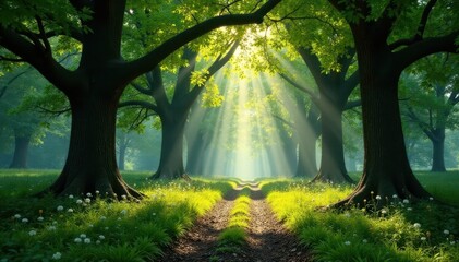 Obraz premium Ancient trees, dappled sunlight filtering through leaves, ecosystem, tree, lush