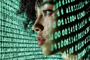 Profile of a woman with binary code reflecting on her face, symbolizing technology