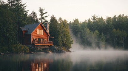 Obraz premium Wooden Cabin Lake House Amongst Misty Forest Trees
