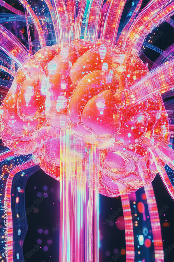 Poster abstract digital brain with glowing connections and vibrant neon colors representing technology and 