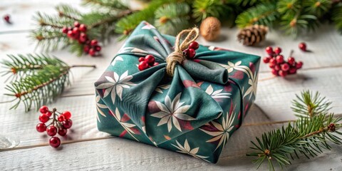 A beautifully wrapped present sits on a rustic white wooden surface, adorned with festive greenery and vibrant red berries, creating a charming winter scene.