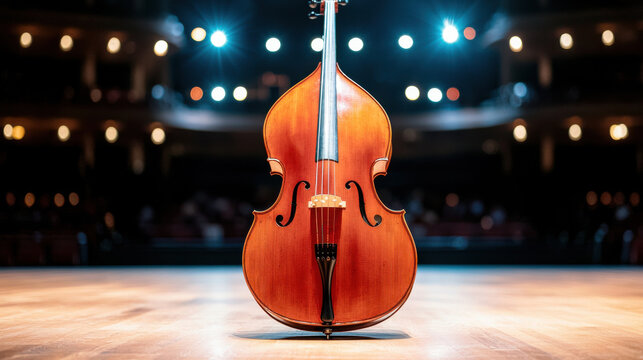 glowing octobass stands under majestic stage lighting, showcasing its intricate craftsmanship