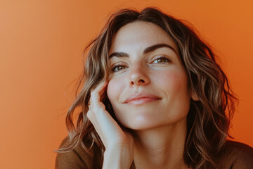 A woman around 35 years old, with a satisfied expression, on a white background orange. Her skin appears smooth and rejuvenated, showcasing the effects of HIFU treatment