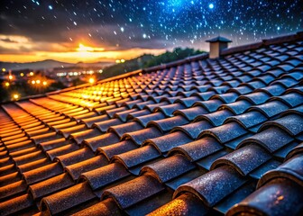 Fototapeta premium Night Roof Tiles, Starry Sky, City Lights, Architectural Detail, Urban Landscape Photography