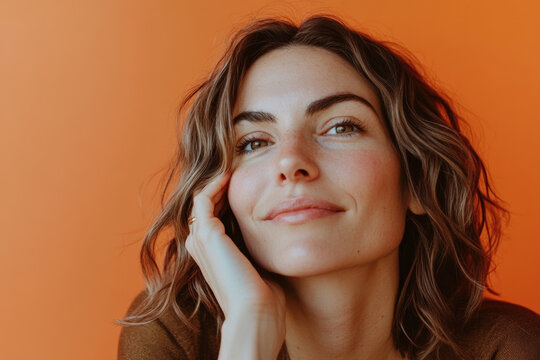 A woman around 35 years old, with a satisfied expression, on a white background orange. Her skin appears smooth and rejuvenated, showcasing the effects of HIFU treatment