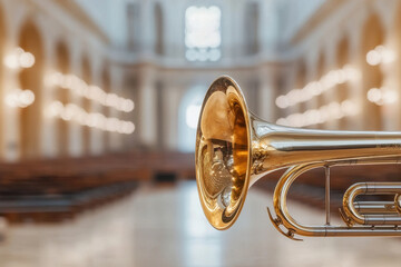 Obraz premium glowing brass sackbut in softly lit classical church interior