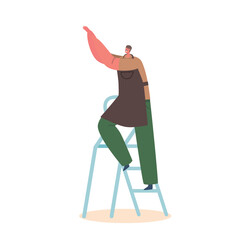 Man Character In Apron Standing On Ladder, Working Diligently. He Is Focused And Appears To Be Doing A Skilled Job