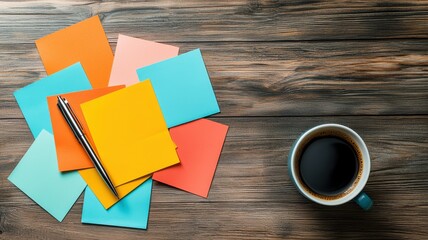 Creative brainstorming sticky note concept. Colorful sticky notes and a coffee cup on a wooden table create a vibrant workspace scene.