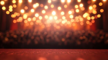 Blurred audience watching stage under dramatic warm stage lighting with atmospheric ambiance. Copy space