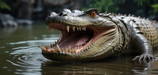 Obraz premium A caiman's sharp teeth are visible as it gapes open to swallow its freshly caught fish, natural behavior, fish, reptile