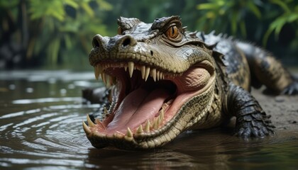 Fototapeta premium A caiman's sharp teeth are visible in its open jaws as it prepares to eat its freshly caught fish, predator, eat, caiman