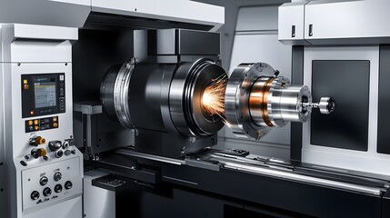 Fototapeta premium Automated CNC Machine Showcasing Modern Industrial Technology and Detailed Metalwork Textures