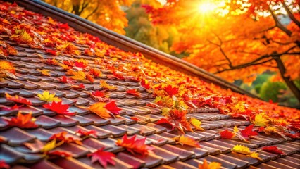 Autumnal Roof Covered in Vibrant Red and Gold Maple Leaves Basking in Golden Sunlight
