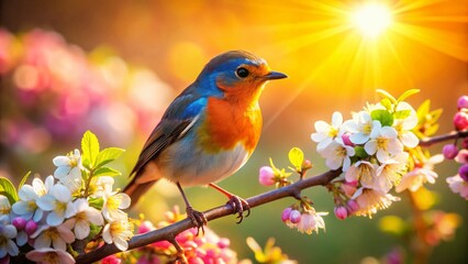 Small Bird Perched on Branch, Sunny Day, High Depth of Field Stock Photo
