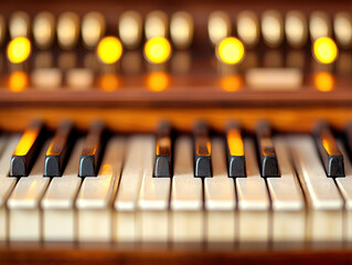 Close up of piano keys with glowing lights in warm, vibrant atmosphere