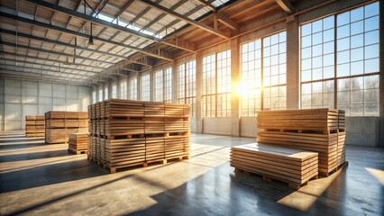 Sunlit Warehouse Interior Featuring Stacks of Planed Lumber on Pallets