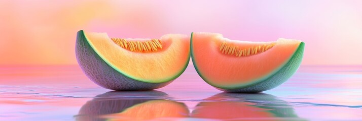 Vibrant Cantaloupe Melon Halves with Visible Seeds on Reflective Surface