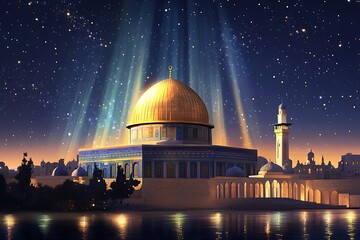 Fototapeta premium Abstract Watercolor Stripes in Pastel Colors, Sun shining behind the Dome of the Rock.Dome of the Rock in Jerusalem, skyline, clear blue sky, golden cupola, square.The Dome of 