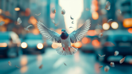 Fototapeta premium A Dove in Flight Amidst Urban Blur: A Serene Scene of Freedom and Tranquility